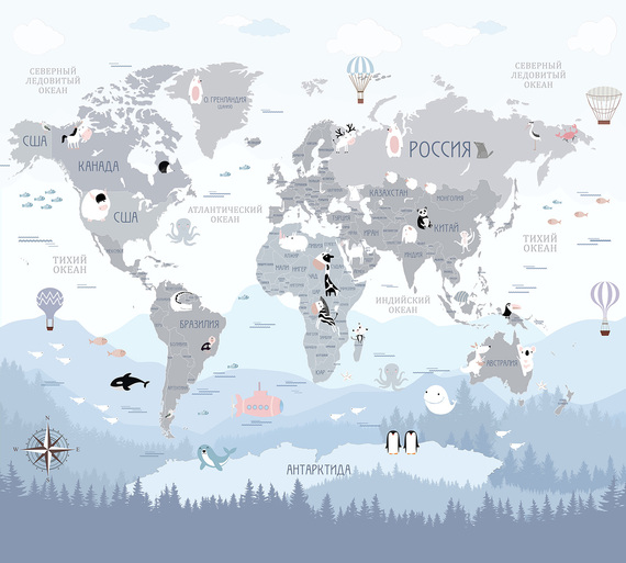 Фотообои F-131 Карта с милыми животными 300х270