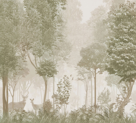 Фотообои F-429 Зелёный лес с оленями 300х270