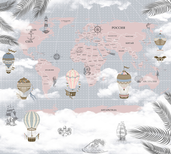 Фотообои F-192 Детская карта мира с облаками и листьями 300х270