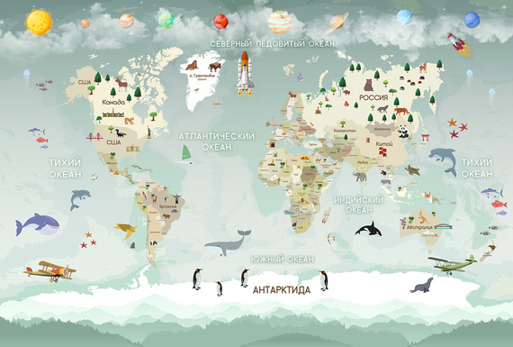 Фотообои F-124 Детская карта с животными и планетами 400х270