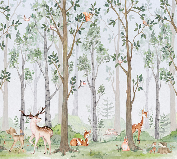 Фотообои F-334 Лесные звери акварель 300х270