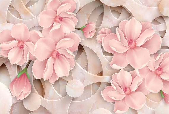 Фотообои F-037 Розовые цветы на мраморных кругах 400х270