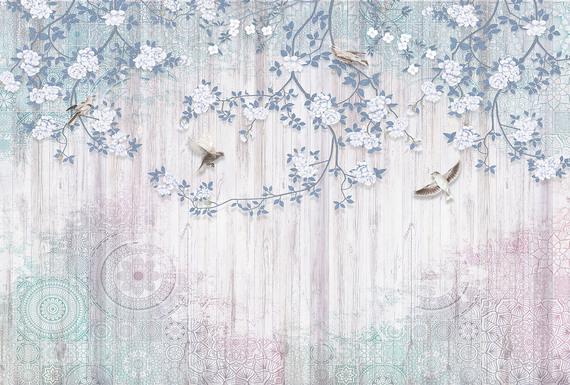 Фотообои Z-379 Цветущие деревья на деревянном фоне 400х270