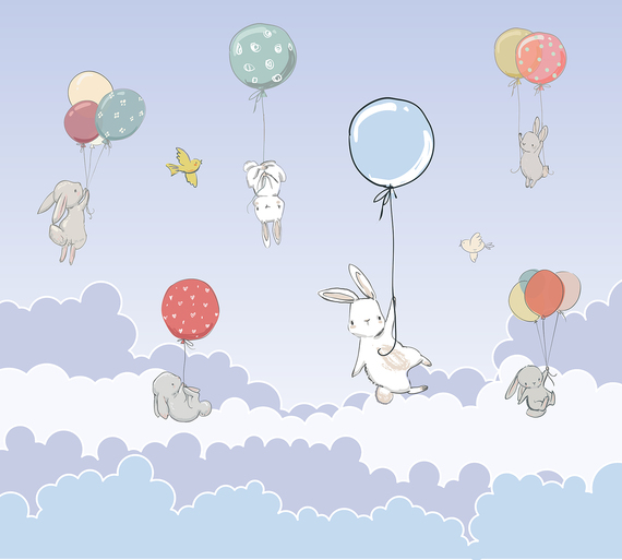 Фотообои F-357 Зайки в небе пастельные тона 300х270