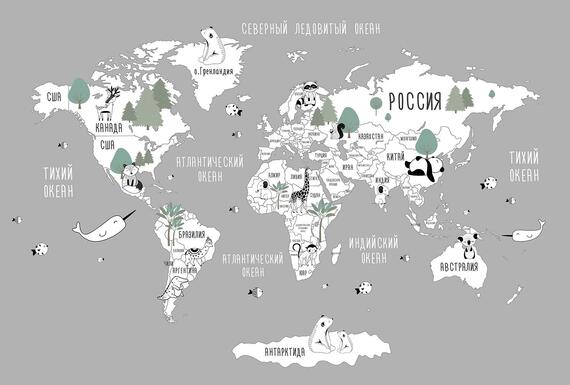 Фотообои F-430 Карта мира с чб животными 400х270