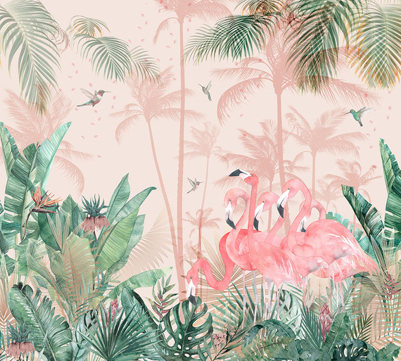 Фотообои Z-303 Розовые фламинго в тропиках 300х270