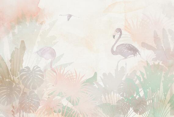 Фотообои F-455 Фламинго в пальмах акварель 400х270