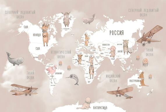 Фотообои F-456 Карта с милыми животными и самолетами 400х270